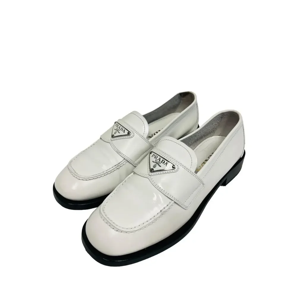 PRADA White Leather Metal Triangle Logo Slip-On Loafers Size 36.5 US 6.5 - Picture 5 of 11